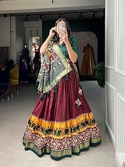 SarathybizWomen Tussar Silk With Leheriya And Foil Print Lehenga choli Set (maroon)