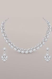 White Diamond/Stones Silver Plated Alloy Necklace Set with Earrings for Women | Stylish Jewellery for Party, Wedding and Festive Occasions | Fashion Accessories