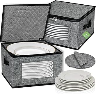 China Storage Containers, 12 Inch Dish Dinner Plate Storage Containers, Hard Shell Quilted Dinnerware Storage Box Case with Lids and Felt Protectors for Dishes Plates Storage and Moving (Dark Grey)