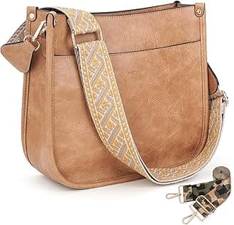 HKCLUF Crossbody Bags for Women Trend Vegan Leather Hobo Handbags With 2PCS Adjustable Guitar Strap Crossbody Purse(Yellow Brown)