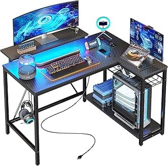 BestierSmall Gaming Desk with Power Outlets,42 L Shaped LED Computer Desk with Reversible Shelves,Corner Gamer Desk with Hooks USB Charging Port,Carbon Fiber Black