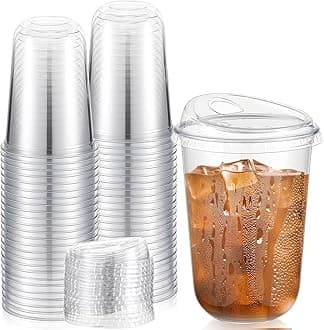50 Sets Clear Plastic Coffee Cups with Sip Lids, Disposable Plastic PET Crystal Cups for Iced Coffee, Smoothie, Cold Beverage, Drink Shops and Party Catering(Clear,16 oz)