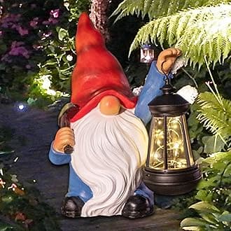 Garden Gnome Statue Solar Light Outdoor Decorations Figurine with Lantern Led Shovel Sculpture Lawn Patio Yard Porch Outside Christmas Housewarming Gifts for Women Mom Grandma