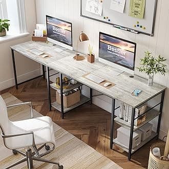Bestier L Shaped Desk, 95.2 Inch Reversible Corner Computer Desk with Shelves, 2 Person Long Table for Home Office, Large Writing Storage Workstation with 3 Cable Holes, Rustic Brown, Grey Oak