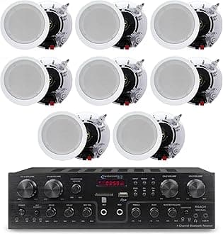 Home Theater System Kit with 1000 Watts 4-Chanel Bluetooth Receiver & 8 Qty 6.5" 200 Watts in-Wall in-Ceiling Speakers of 2-Way Stereo Sound with Woofer/Tweeter, Flush Design by Technical Pro