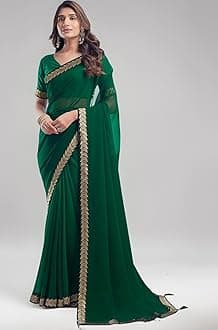 SIRIL Women's Georgette Lace Boarder Saree With Unstitched Blouse Piece