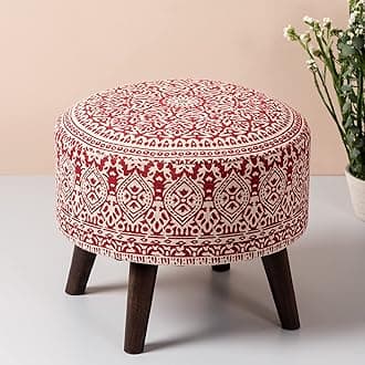 Nestroots Stools for Living Room sitting printed ottoman sitting stool upholstered foam cushioned pouffe puffy for foot rest home decor furniture with 4 wooden legs Cotton Canvas ("14"inch Height Red)