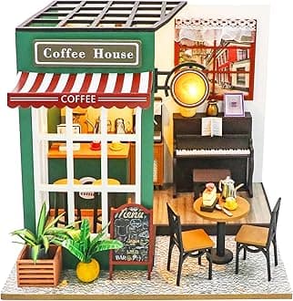 Spilay DIY Miniature Dollhouse Wooden Furniture Kit,Handmade Mini Home Model with Dust Cover & Music Box,1:24 Scale Creative Doll House for Friend Gift (Afternoon Cafe with Dust Cover)