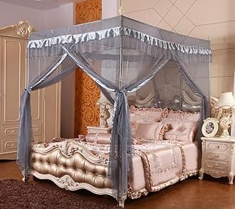 Mengersi Canopy Bed Curtains Bed Canopy Royal Luxurious Cozy Drapes Netting- Elegant Bed Sheer Bedroom Decoration Accessories for Adults(Gray,Twin)