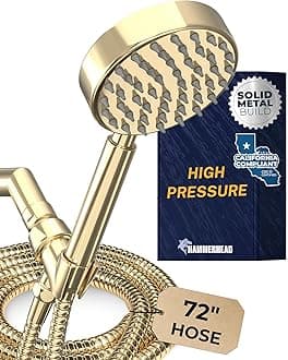 ALL METAL LOW FLOW Handheld Head with Hose and Brass Holder - POLISHED BRASS – Water Saving 1.75 GPM Detachable Head - Adjustable Wand Bracket & 6ft Hose