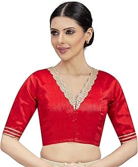 Studio Shringaar Women's Readymade Silky Saree Blouse Elbow Length Sleeves With Embroidered Neckline Choli