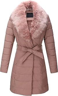 Bellivera Women's Winter Puffer Jacket Cold-Resistant Patchwork Plush Lining Coat with Removable Fur Collar Hooded and Belted