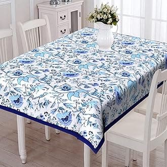 URBANO HOMZ Table Cloth for 6 Seater Rectangular Dining Table, 60 Inches X 90 Inches Cotton Dining Table Cover 6 Seater, Beautiful Floral Print in Blue and White with Blue Piping