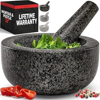Heavy Duty Large 2 Cup Mortar and Pestle Set,100% Granite, Non Slip Base, Make Fresh Guacamole, Salsa, Pesto, Stone Grinder Bowl, Herb Crusher, Spice Grinder, 6.3 Inch Size, Black