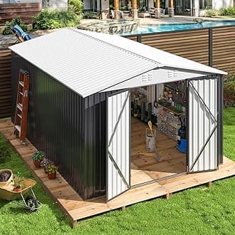 AirWire 10x14 FT Outdoor Storage Shed, Garden Shed with Updated Frame Structure and Lockable Doors, Metal Tool Sheds for Backyard Garden Patio Lawn, White