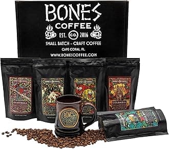 Bones Coffee Company NEW World Tour Sample Pack Box Set with Specialty Coffee Mug, 5 Assorted Single-Origin Low Acid Medium Roast Arabica Beans Flavored Coffee Gifts, 4 oz Pack of 5 Ground