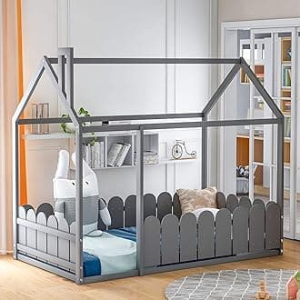 Merax Twin Size Wooden House Bed Frame with Fence-Shaped Guardrail for Teens, Girls, Boys, Gray