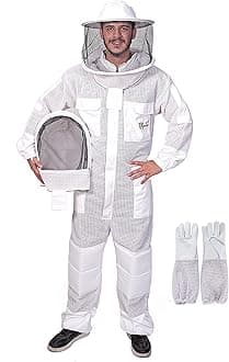 US-Keepers 3-Layer Ultra Ventilated Bee Suit for Men & Women – Premium Beekeeping Suit with Bee Gloves & Two Detachable Beekeeping Veils (White L)