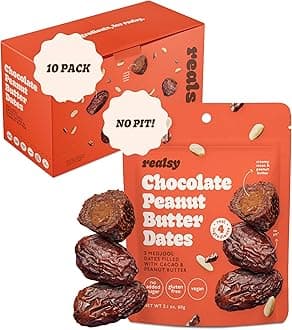 Realsy Chocolate Peanut Butter Stuffed Medjool Dates, Organic Dates with No Sugar Added, Gluten-Free, Vegan, Good Source of Fiber, Low Glycemic Index, All Natural Healthy Snack, (10 Pack)