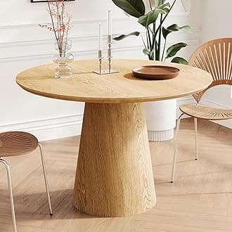 WILLIAMSPACE 43" Round Dining Table for 4, Modern Natural Wood Grain Dining Table with Cone Wood Pedestal Base, Circle Dining Room Table Circular Farmhouse Table for Living Room (Oak)