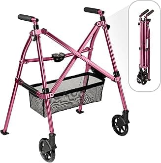EZ Fold-N-Go Walker Micro, Lightweight Folding Walker for Short Seniors with Swivel Wheels, Regal Rose (Eligible for VAT Relief in The UK)