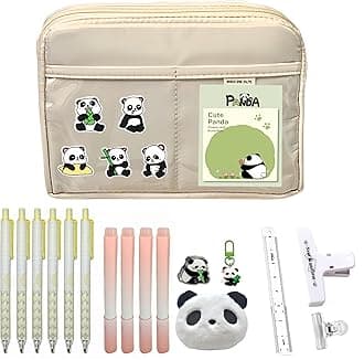 Kawaii Aesthetic Pencil Case 23PCS Set - Large Capacity Cute Pen Pouch Bag, Contains 10 Kinds of Accessories: 6 Pens, 4 Highlighters, Clips, Ruler and Cute Panda Brooches, Stickers, Pendants (Beige)