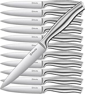 D.Perlla Steak Knives 12 Pieces Micro Serrated Steak Knife Set High Carbon Stainless Steel Steak Knives Set, Elegant Sharp Kitchen Steak Knife Set, Silver