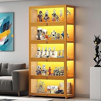 Display Cabinet with Acrylic Glass Door, 5 Tier Curio Display Case, Collectibles Toy Organizers Rack & Display Shelf, Kids Bookcase for Bedroom, Reading Nook, Toddler's Room, Bamboo