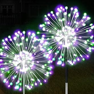 JJGoo Solar Garden Lights Solar Firework Lights, 2 Pack 120 LEDs 2 Lighting Modes Solar Lights Outdoor Waterproof for Garden Patio Walkway Pathway Party Wedding Christmas Decorative - Green and Purple