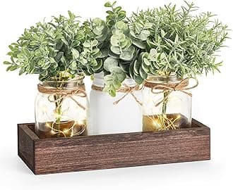 Mkono Lighted Floral Mason Jar Centerpiece Decorative Wood Tray with 3 Painted Jars Rustic Country Farmhouse Home Decor for Herb Plants Coffee Table Dining Room Living Room Kitchen Utensils Holder