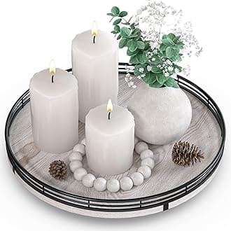12" Farmhouse Lazy Susan for Kitchen & Coffee Table Decor – Rustic Whitewashed Wood Tray with Black Metal Frame, Decorative Centerpiece for Dining Room, Ottoman, Living Room, Serving or Vanity Use