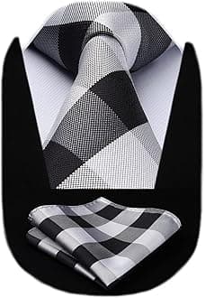 HISDERN Plaid Tie Handkerchief Woven Classic Stripe Men's Necktie & Pocket Square Set (Black & White)
