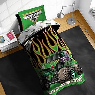 Monster Jam Twin Comforter Set - 5 Piece Kids Bedding Includes Comforter, Sheets & Pillow Cover - Super Soft Trucks Microfiber Bed Set