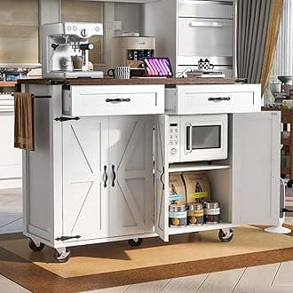 Portable Kitchen Island Cart with Drop Leaf, Power Outlet, Rolling Farmhouse Kitchen Carts on Wheels with 2 Storage Drawers, Spice Rack, Towel Holder, 4 Doors&Adjustable Shelves (White-1)