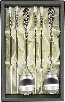 Korean Chopsticks Spoon 2 Set - METAL STAINLESS STEEL -Printed Hangul Characters (IVY-Silver)