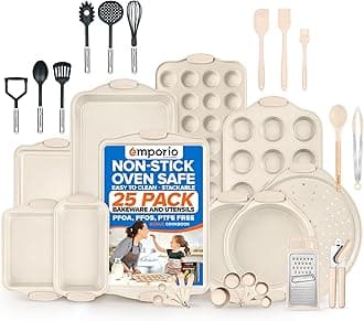 Emporio Kitchen Baking Pan Set - Nonstick Coating, Carbon Steel Bakeware Set with White Silicone Handle, PFOA, PFOS, PTFE Free, Recipe Booklet Included, Oven Safe Tray (Up To 450° F) Set of 25 - White