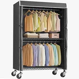 VIPEK R2C Heavy Duty Rolling Garment Rack with Cover, Portable Closets with Double Rods & Lockable Wheels, Covered Clothing Rack for Hanging Clothes, Black Rack with Black Upgraded Polyester Cover