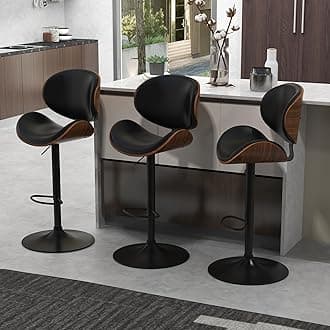 civama Bar Stools Set of 3 for Kitchen Counter, Adjustable Bar Height Chairs, Modern Swivel Barstools with Bentwood Seat and Back with Footrest, for Kitchen Island, Dining Room, Black PU Leather