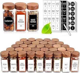 Churboro 36 Glass Spice Jars with 547 Labels with Shaker Lids - 4 Oz Square Spice Containers with Acacia Wood Lids, Chalk Pen, Funnel Seasoning Jars for Spice Rack, Cabinet, or Drawer