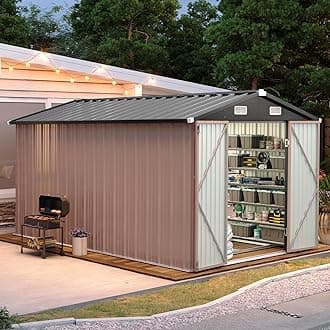 Aoxun 12x7.8 FT Shed with Base Outdoor Garden Large Metal Shed with Lockable Door for Tool, Garbage Can, Bike, Mower, Brown