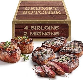 Grumpy Butcher 6 Steaks Supreme Sampler Gift Box – 4 Top Sirloin & 2 Large Filet Mignon Steak Grass Fed – Organic Steak, Grassfed, Beef Tenderloin & Filet Gift Basket – Premium Lean Steaks Meat Set