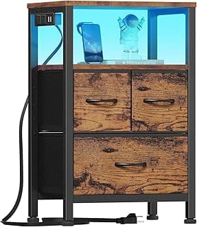 Furnulem Led Nightstand with Charging Station, Bedside Table with 3 Fabric Drawers and Storage Shelf, End Table with USB Ports and Outlets, Small Night Stand for Bedroom, Rustic BrownThe Forest Stewardship Council
