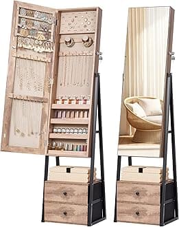 Nicetree Jewelry Cabinet Armoire with 2 Drawers,Standing Jewelry Mirror Cabinet, Full Length Mirror with Jewelry Storage, Lockable Jewelry Organizer with Mirror, Oak