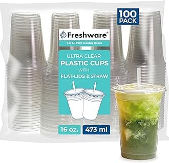 [100 Pack, 16 oz] Plastic Cups with Lids and Straws