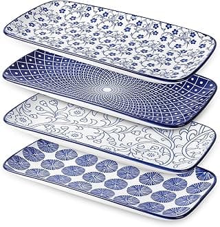Selamica Ceramic Serving Plates, 14" Serving Trays for Entertainment Parties, Large Rectangular Plates for Appetizers, Cold Meats, Desserts, Fruits, Gift, Set of 4, Vintage Blue
