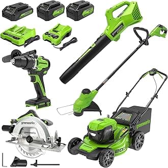 Greenworks 48V (24V x 2) Electric Lawn Mower Combo Kit with 20" Steel Deck, 12" String Trimmer, 320 CFM Blower, Circular Saw & Drill – Ideal for Home Yard Work & DIY Projects