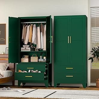 RIETERN Metal Armoire Wardrobe Closet, 71" Tall Bedroom Closet with 2 Drawers, Adjustable Shelves, and Hanging Rod, Steel Clothes Closets and Storage, for Bedroom Green