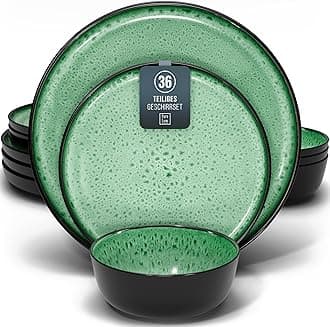 PURE LIVING INTERIOR DESIGNIbiza 36-Piece Stoneware Crockery Set for 12 People, Mediterranean Test Very Good Stoneware Tableware Set, Bowl and Plate Set, Dinner Service for 12 People, in Sage Green