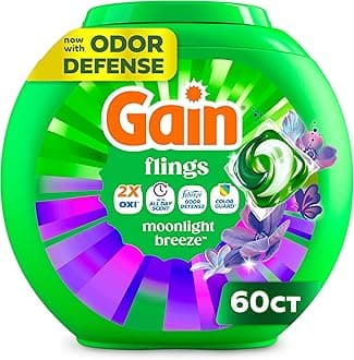 Flings Liquid Washing Detergent Pacs with Odor Defense + Color Guard, Moonlight Breeze Scent, 4-In-1 Liquid Laundry Detergent Pods, Clean & Fresh, 60 Count (Packaging May Vary)