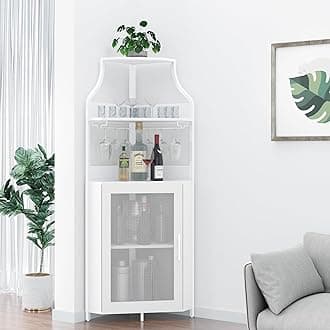 GarveeHome Corner Wine Cabinet with Detachable Wine Rack, 5-Tier Industrial Corner Bar Cabinet with Barn Door and Glass Holder, Farmhouse Buffet Cabinet and Home Bar, White